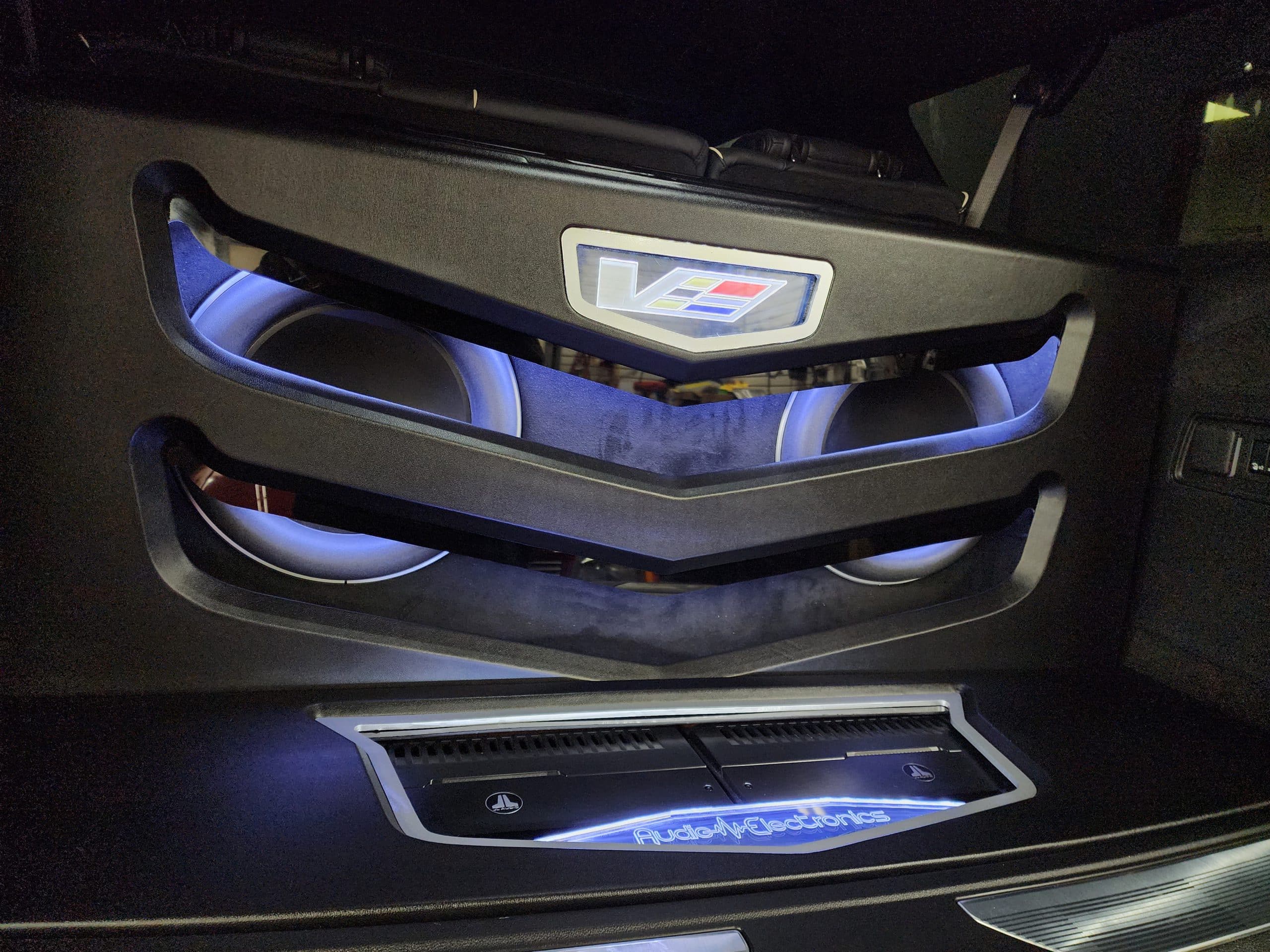 Cadillac interior with custom accent lighting and audio by Audio Electronics