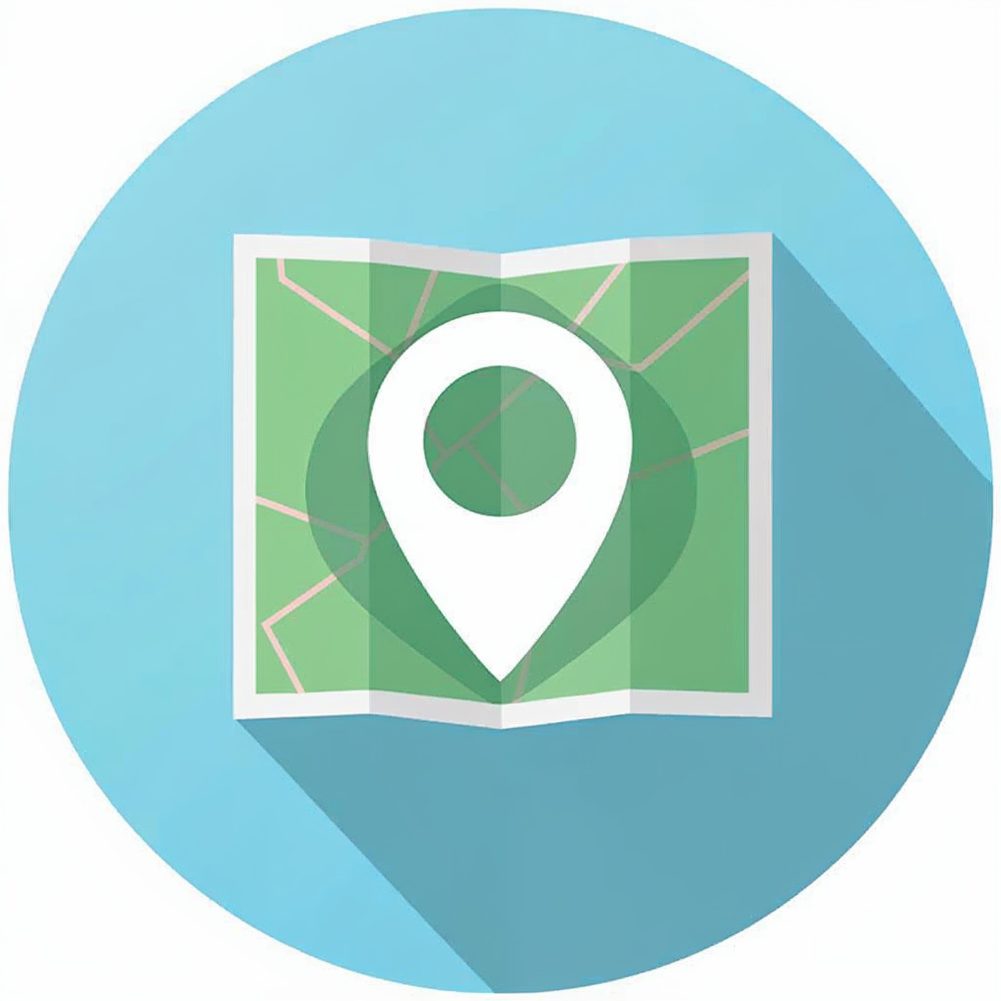 Flat icon of a folded map with a white location pin on a blue circle.