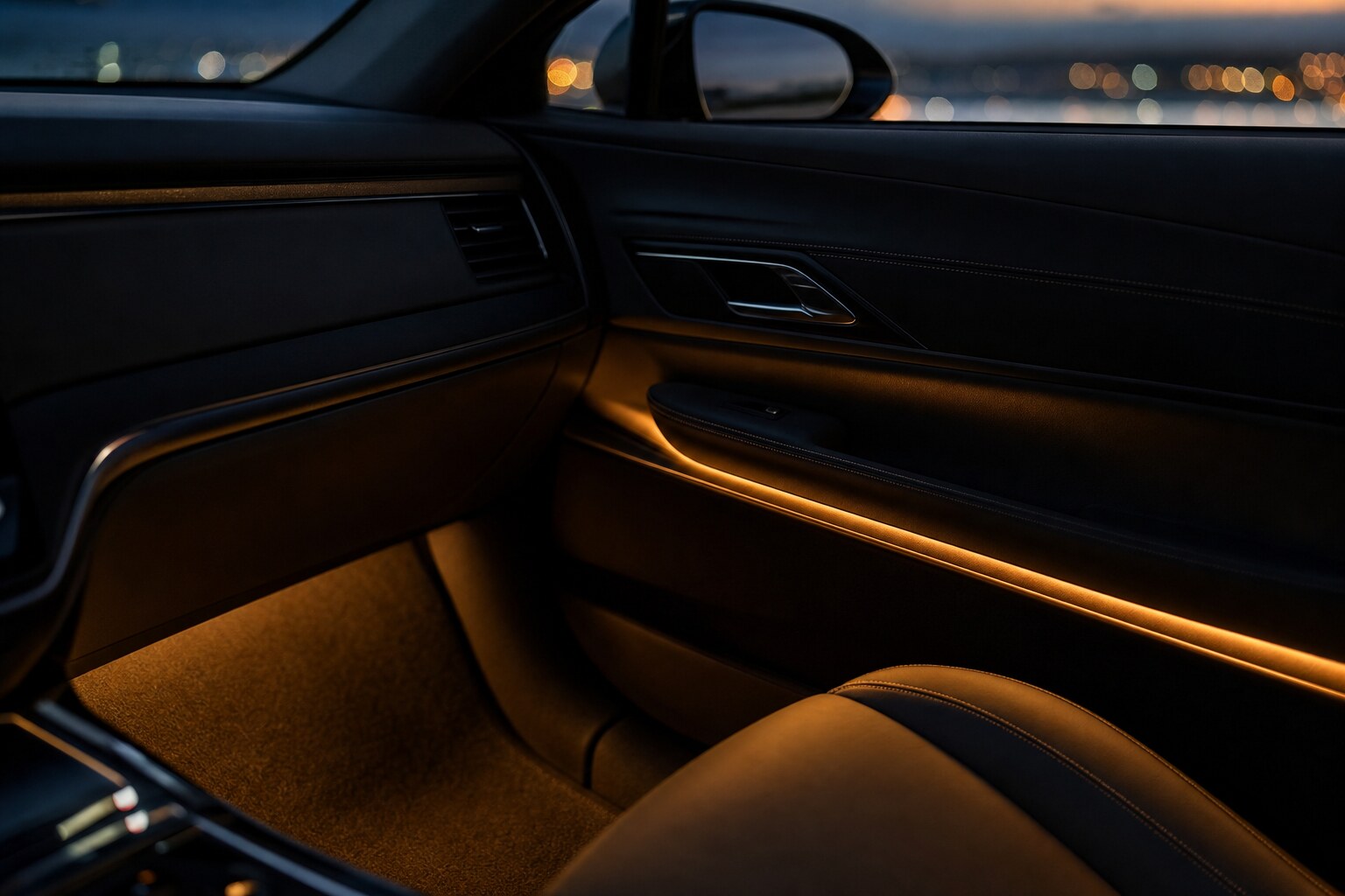 Warm amber accent lighting glowing along the base of a car door panel and spilling into the carpeted footwell in a dark cabin.