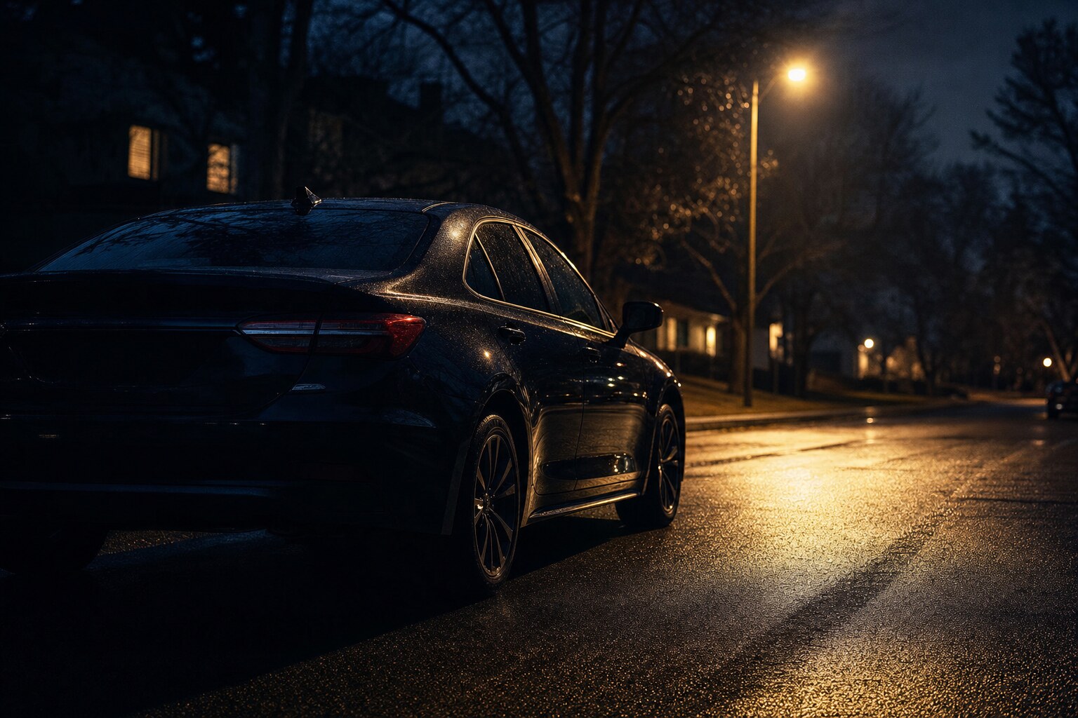Dark sedan parked at the curb of a residential street at night under a single street lamp with wet asphalt reflecting the light.
