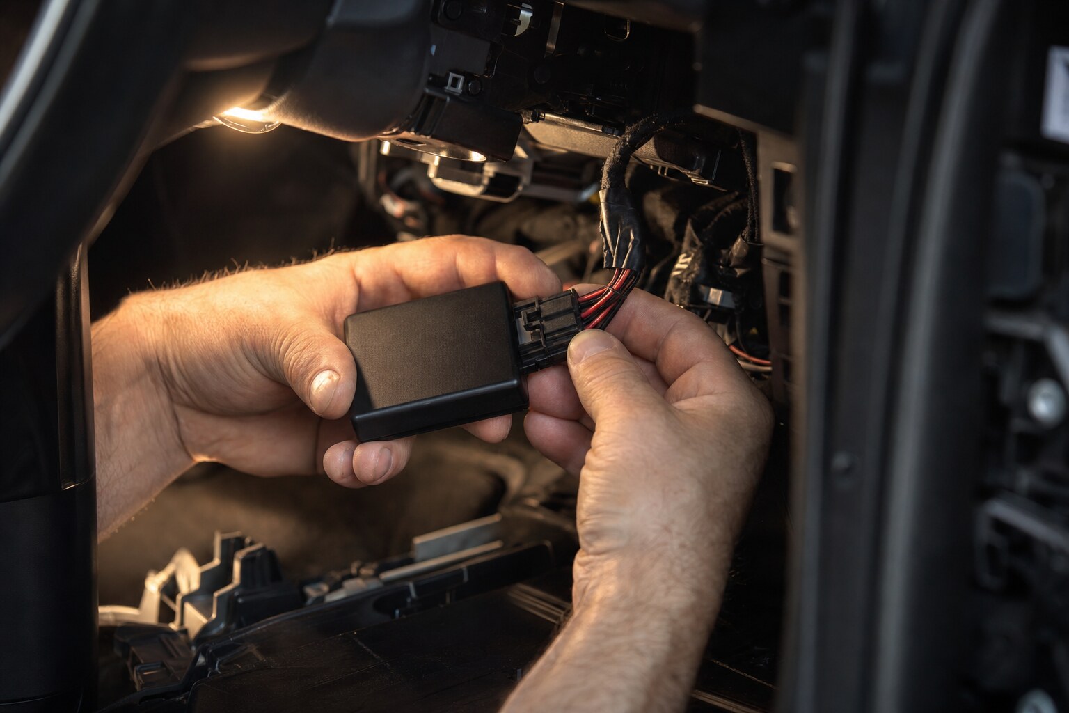 Hands connecting a red and black wiring harness to a small plain black control module under a car dashboard with the trim panel removed.