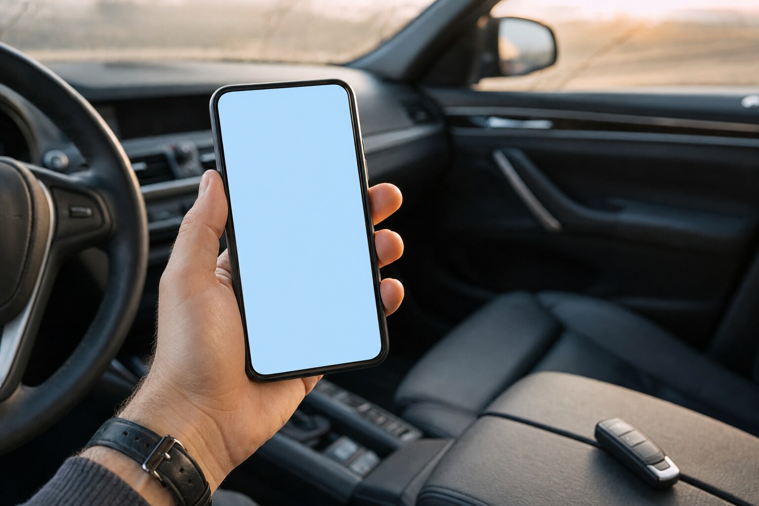 Hand holding a smartphone with a blank glowing screen inside a parked car, with a black key fob resting on the passenger seat.