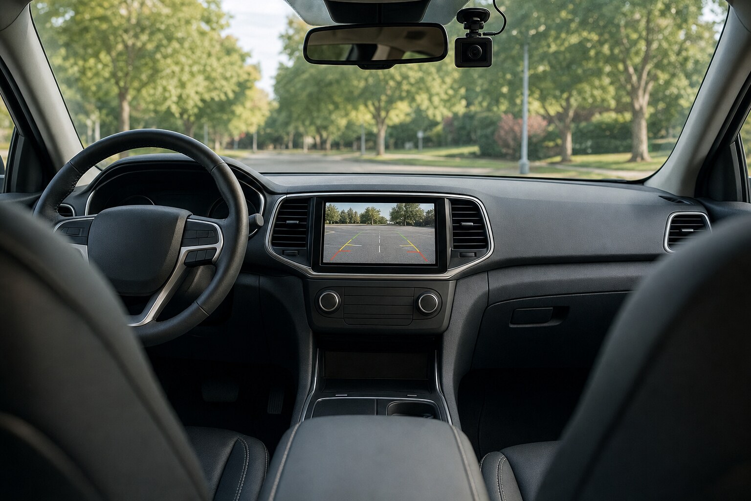 Car cabin seen from between the front seats with a small dash camera on the windshield and the center touchscreen showing a backup camera view with colored guide lines.