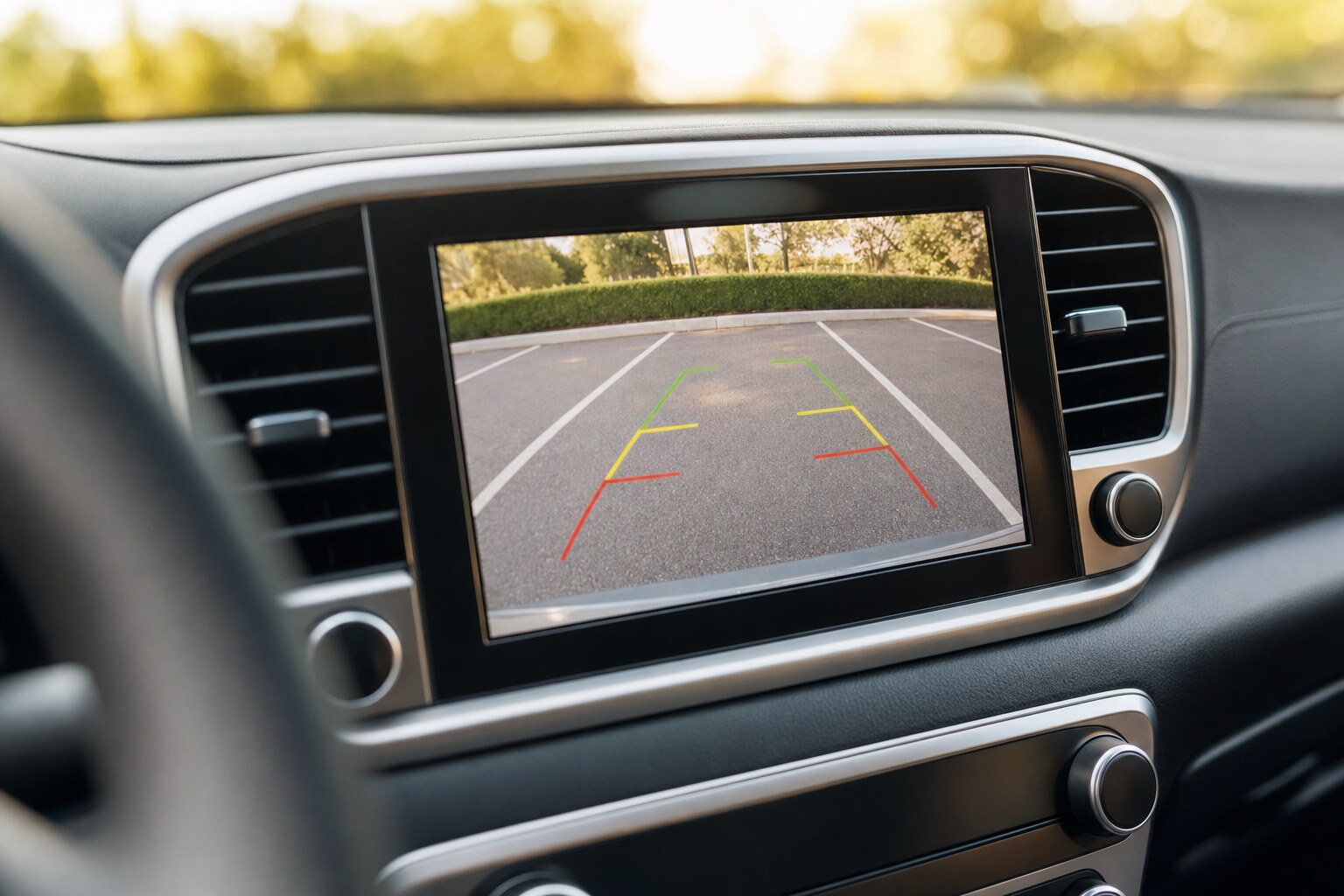 Car center dashboard touchscreen displaying a backup camera view of an empty parking space with colored distance guide lines.