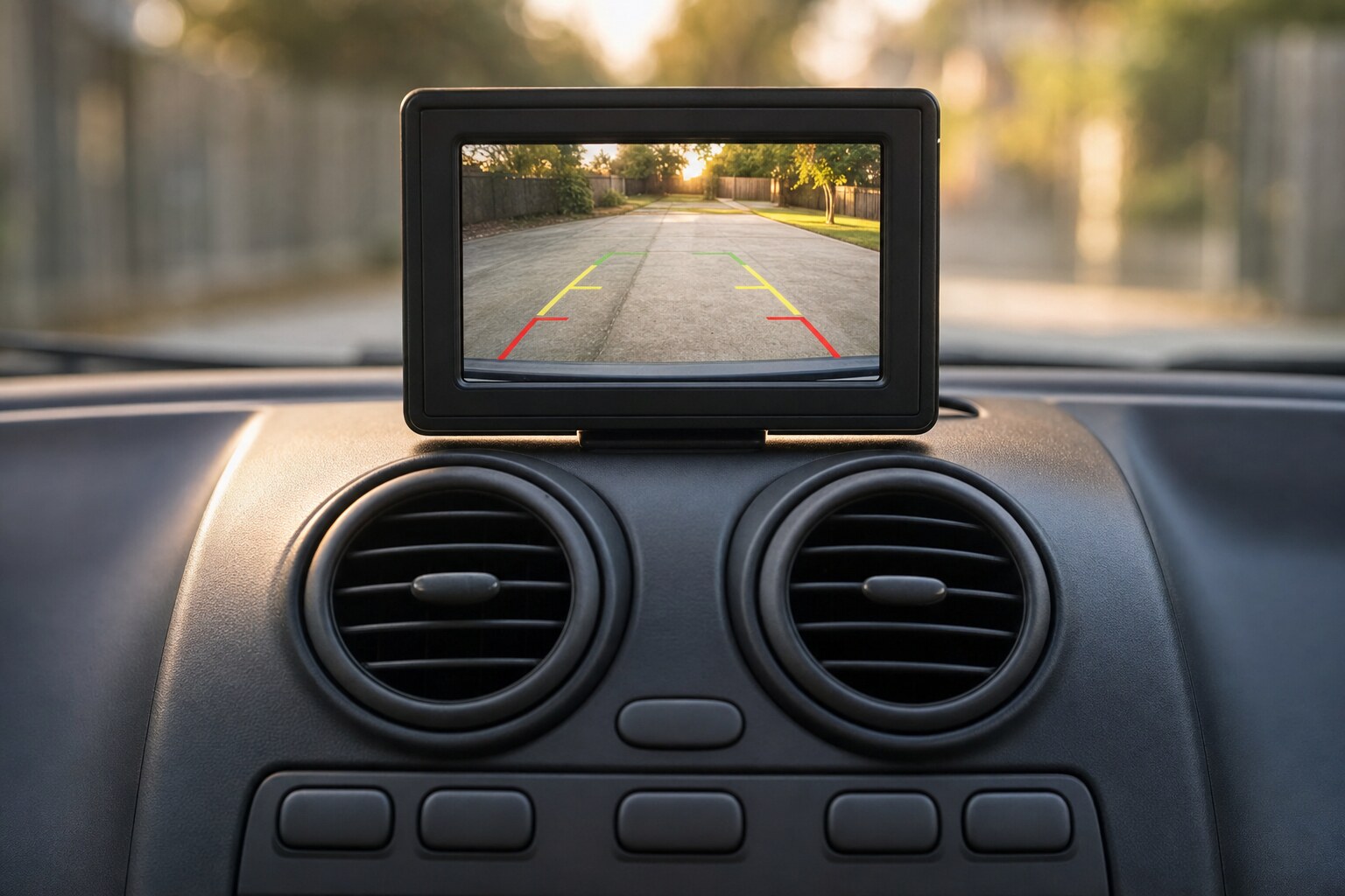 Compact aftermarket backup camera monitor on an older car dashboard showing the empty driveway behind the car with colored guide lines.