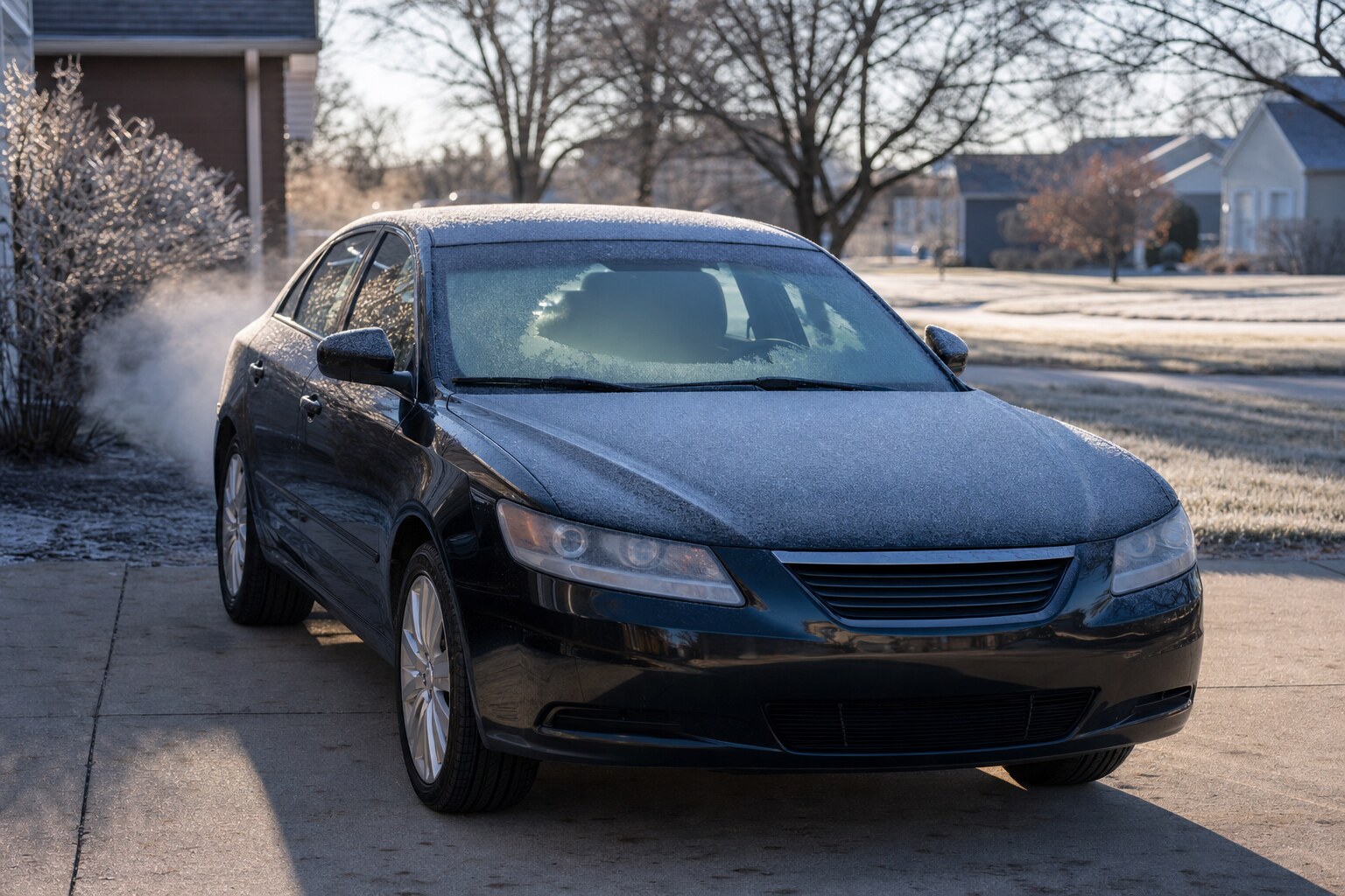 Dark sedan running on a driveway on a frosty morning with exhaust vapor drifting past it and frost covering the hood and windshield.