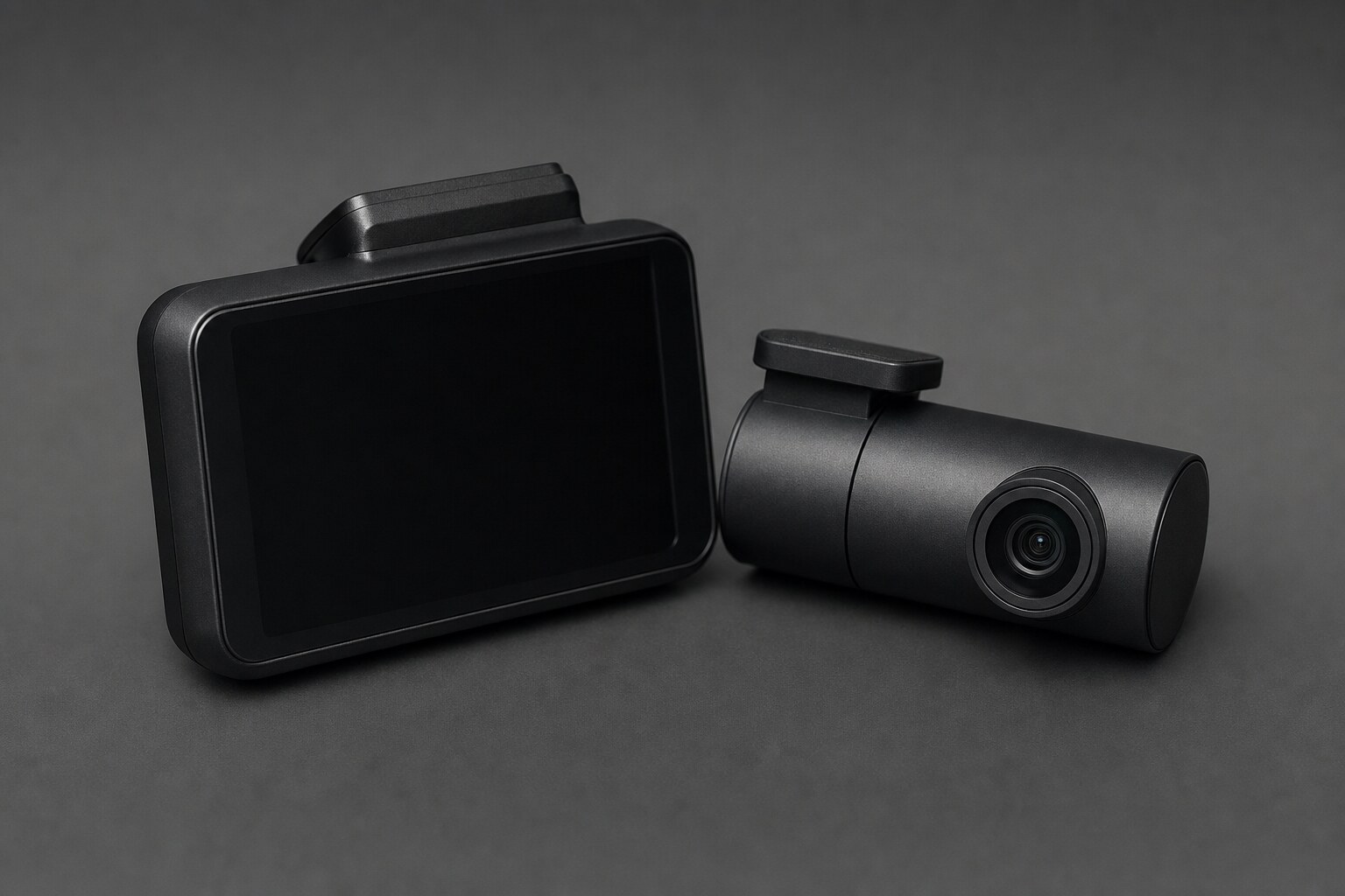 Two small black dash cameras, one rectangular with a dark screen and one slim and cylindrical, resting on a plain dark surface.