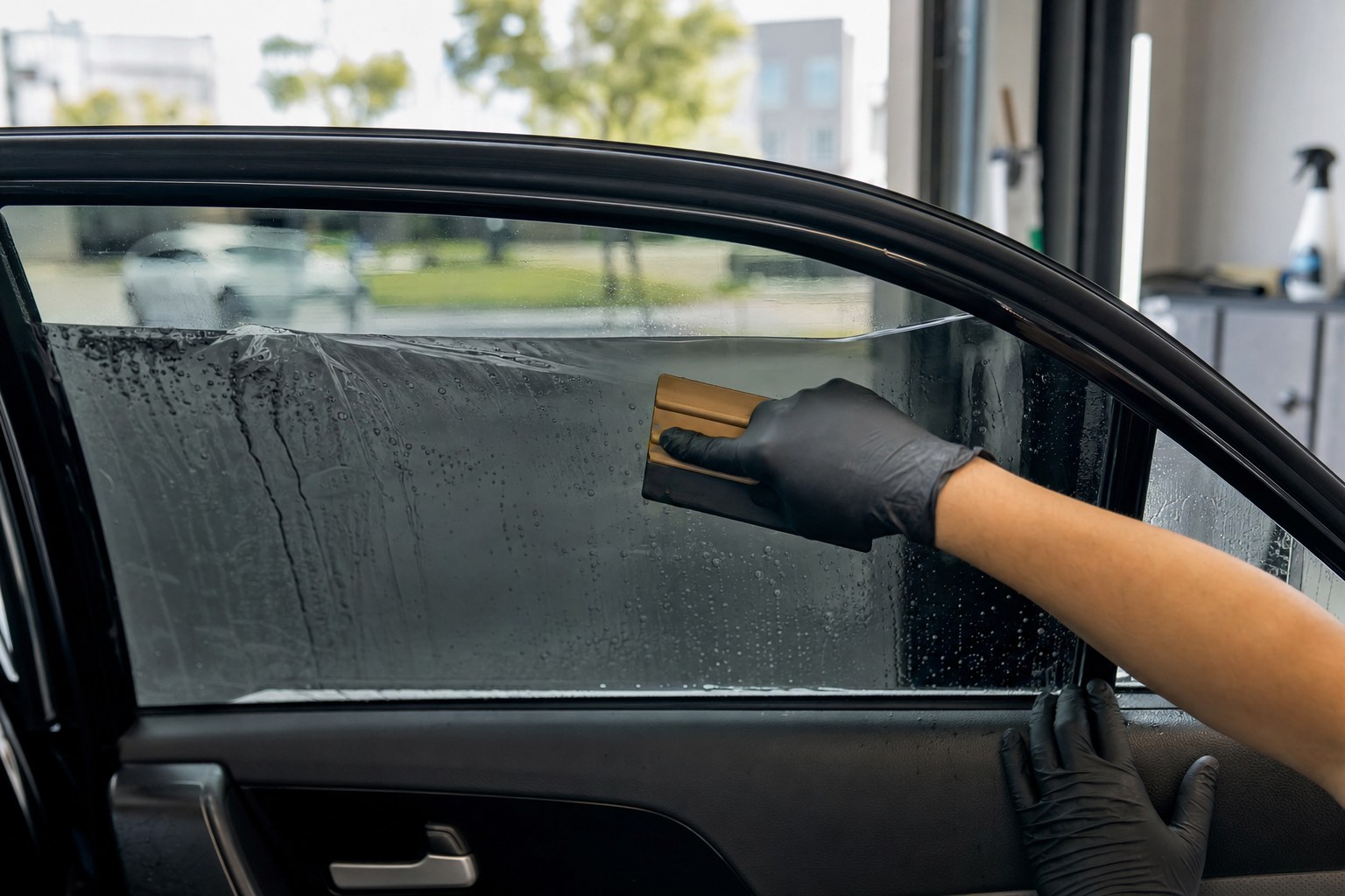 Installer in nitrile gloves smoothing dark window tint film onto a car door window with a squeegee